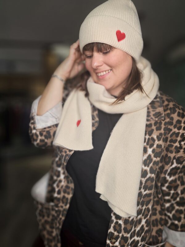 Ensemble Bonnet et Écharpe Coeur Crème