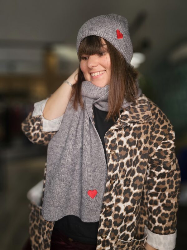 Ensemble Bonnet et Écharpe Coeur Gris Chiné